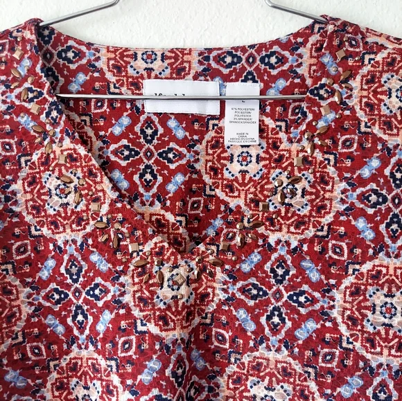 Alfred Dunner Large Colorful Geometric V Neck Bejeweled Top Light And Airy - Picture 4 of 7